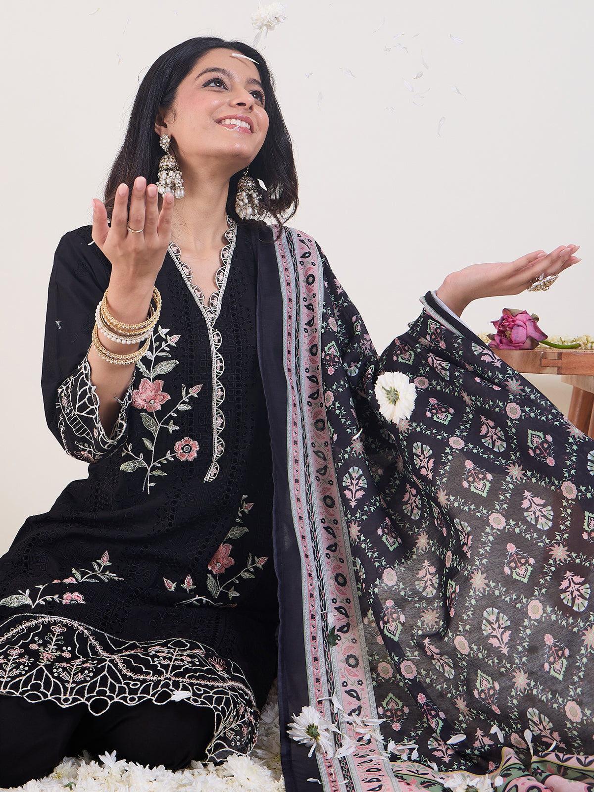 Black Embroidered Straight Kurta Trousers With Dupatta Set