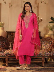 Pink Embroidered Straight Kurta Trousers With Dupatta Set