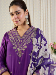 Purple Embroidered Straight Kurta Salwar With Dupatta Set