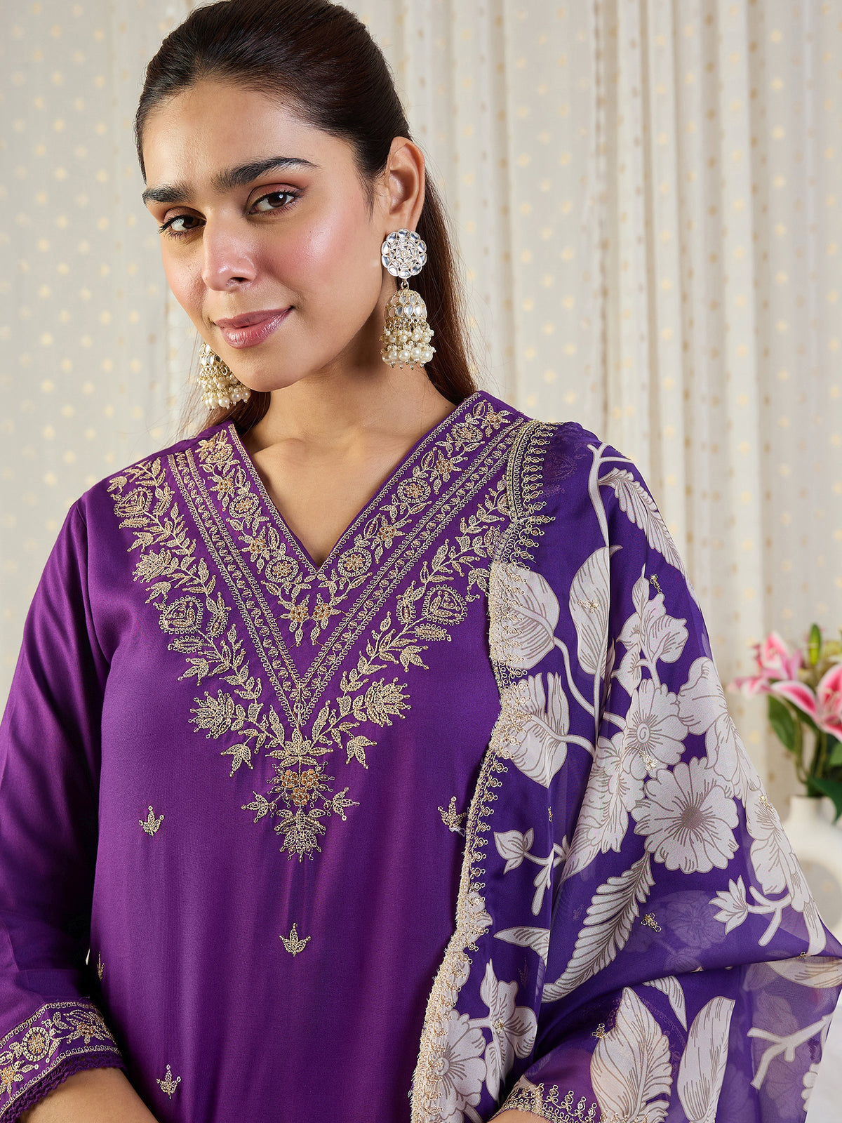 Purple Embroidered Straight Kurta Salwar With Dupatta Set