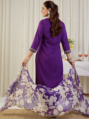 Purple Embroidered Straight Kurta Salwar With Dupatta Set