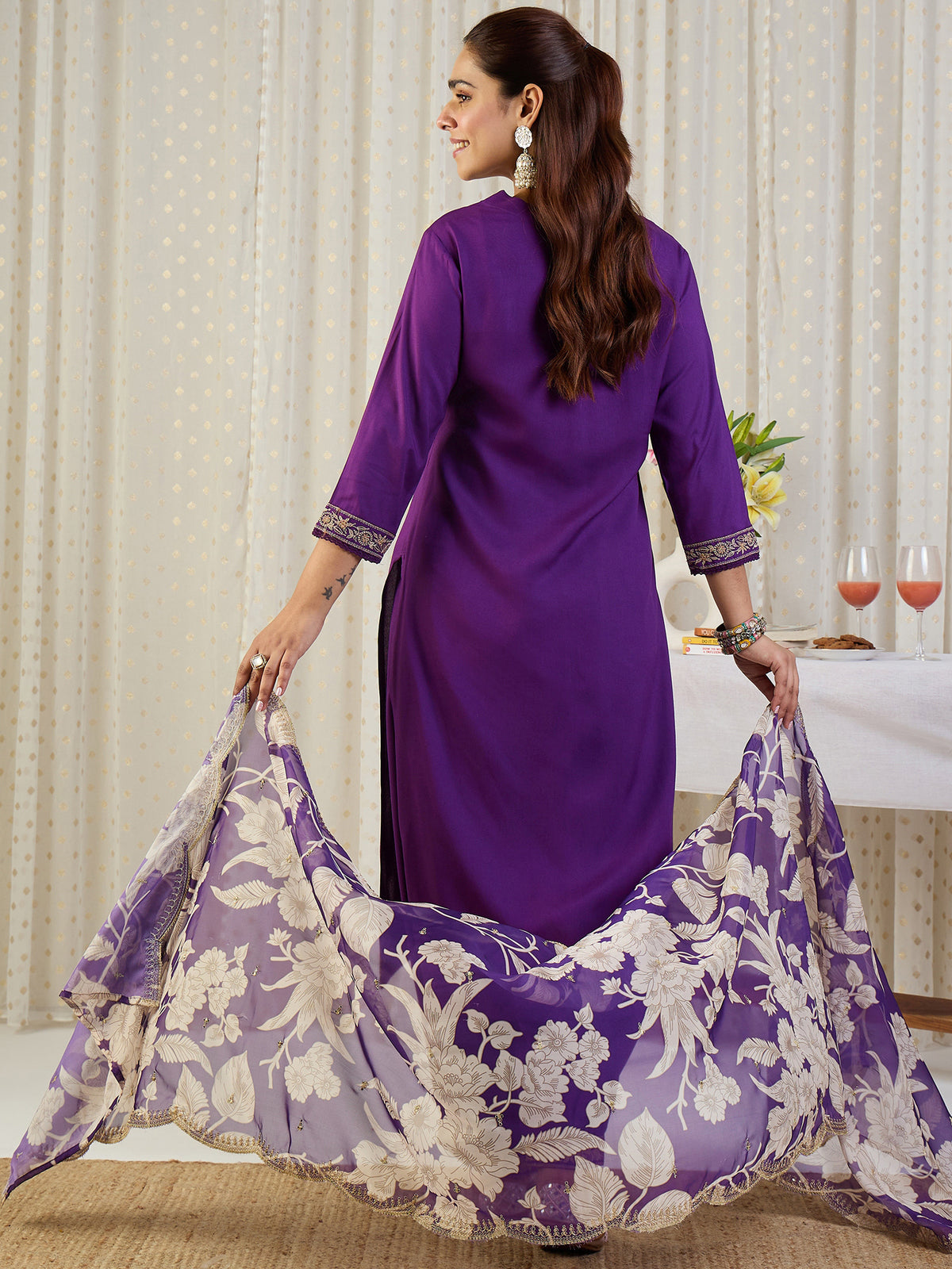 Purple Embroidered Straight Kurta Salwar With Dupatta Set