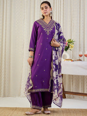Purple Embroidered Straight Kurta Salwar With Dupatta Set