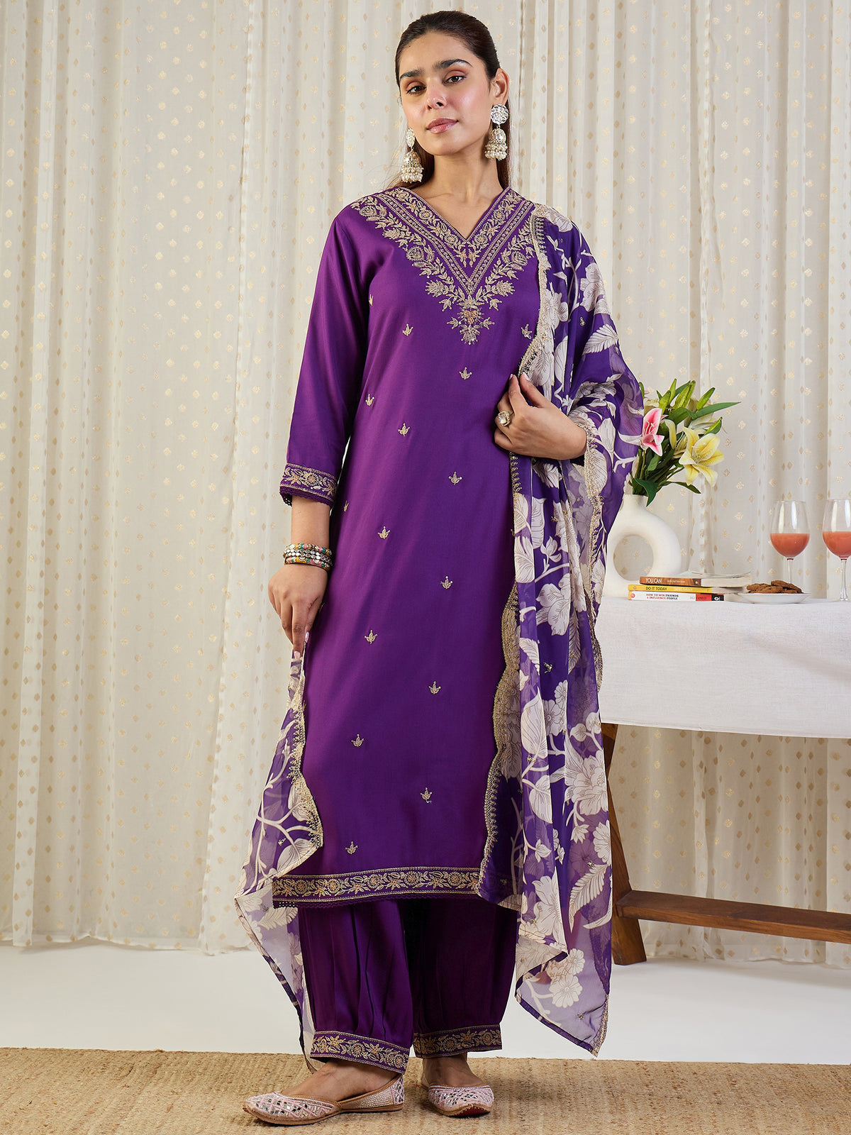 Purple Embroidered Straight Kurta Salwar With Dupatta Set