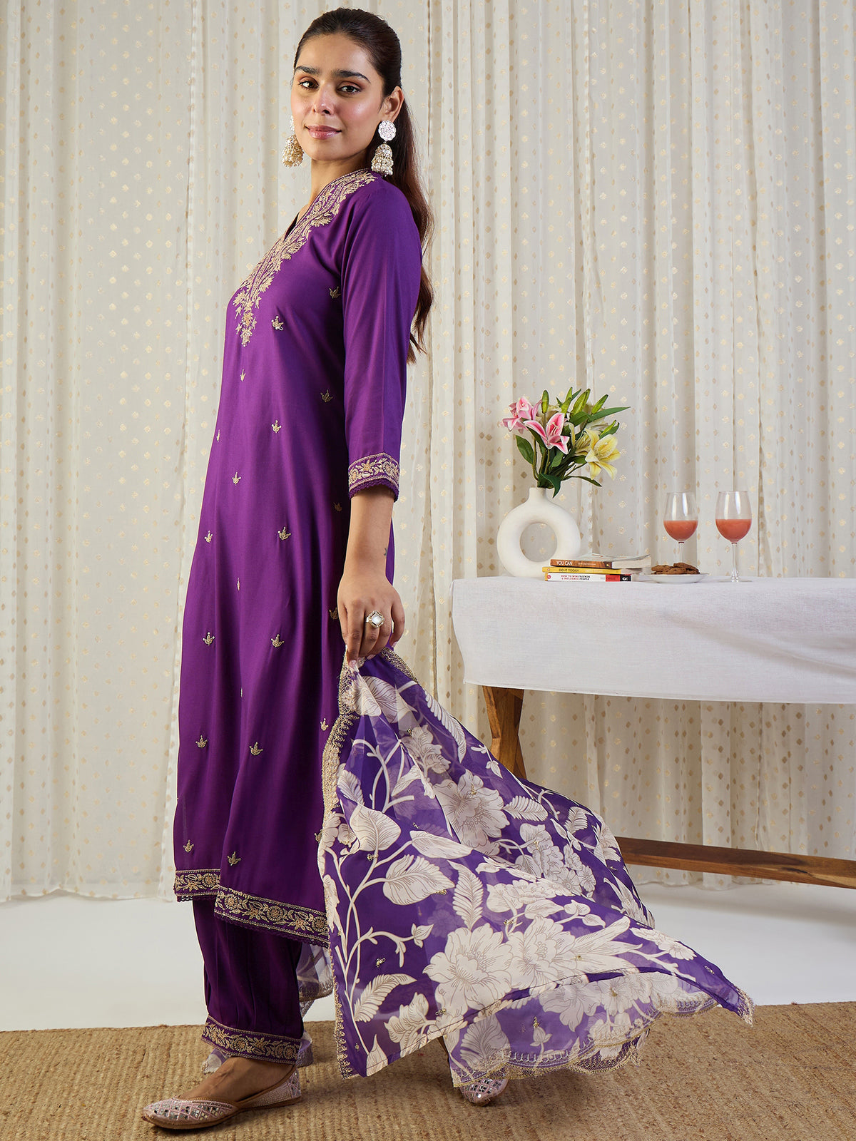 Purple Embroidered Straight Kurta Salwar With Dupatta Set