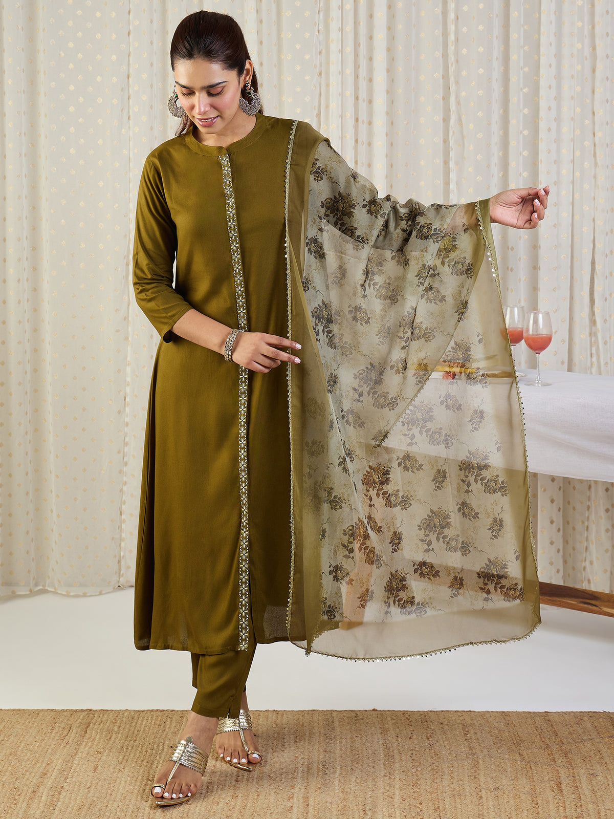 Green Embroidered A-Line Kurta Trousers With Dupatta Set