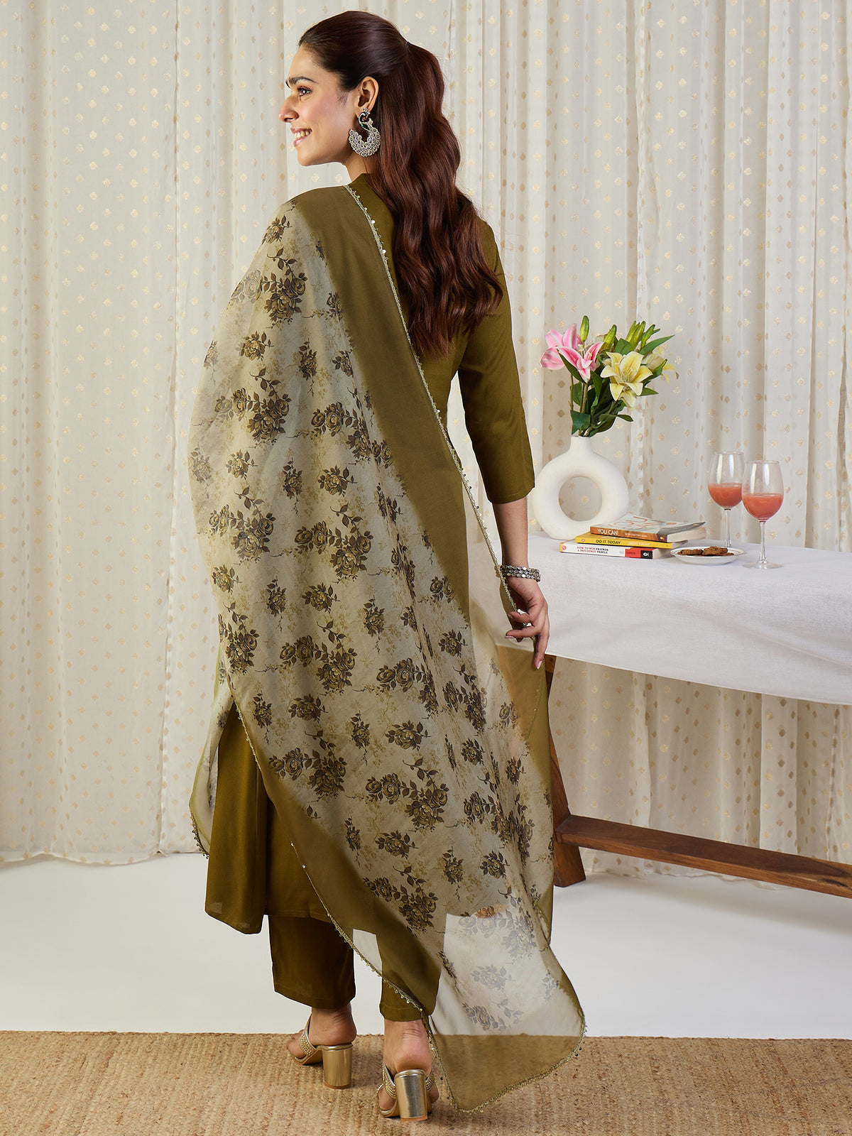 Green Embroidered A-Line Kurta Trousers With Dupatta Set