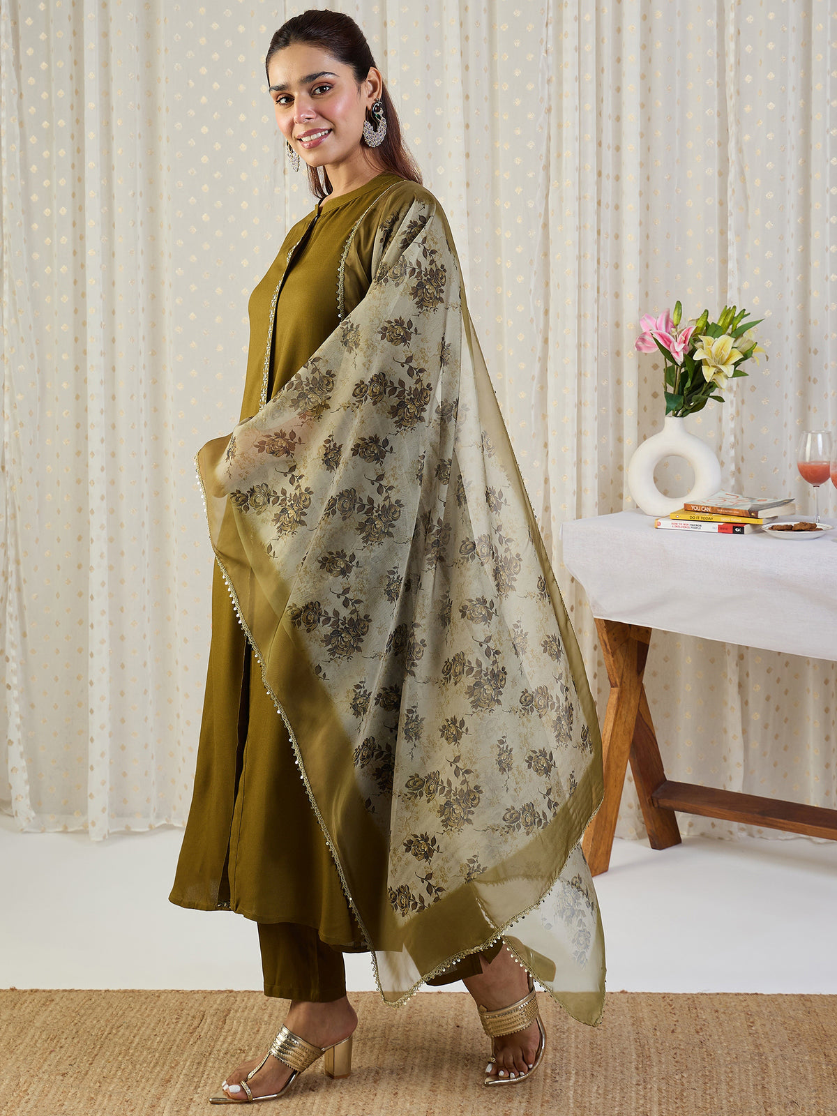 Green Embroidered A-Line Kurta Trousers With Dupatta Set