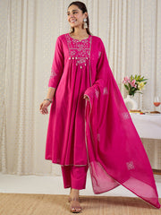Pink Embroidered A-Line Kurta Palazzos With Dupatta Set