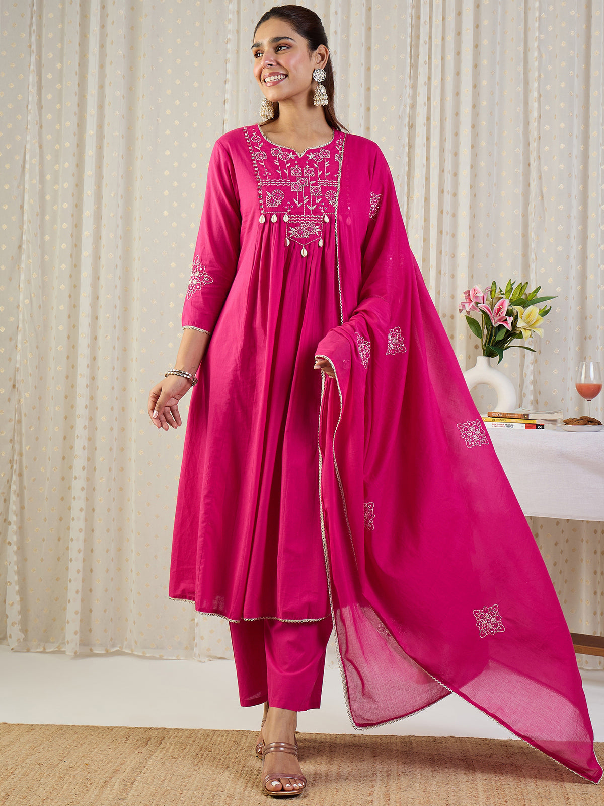 Pink Embroidered A-Line Kurta Palazzos With Dupatta Set