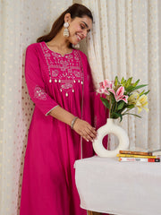 Pink Embroidered A-Line Kurta Palazzos With Dupatta Set