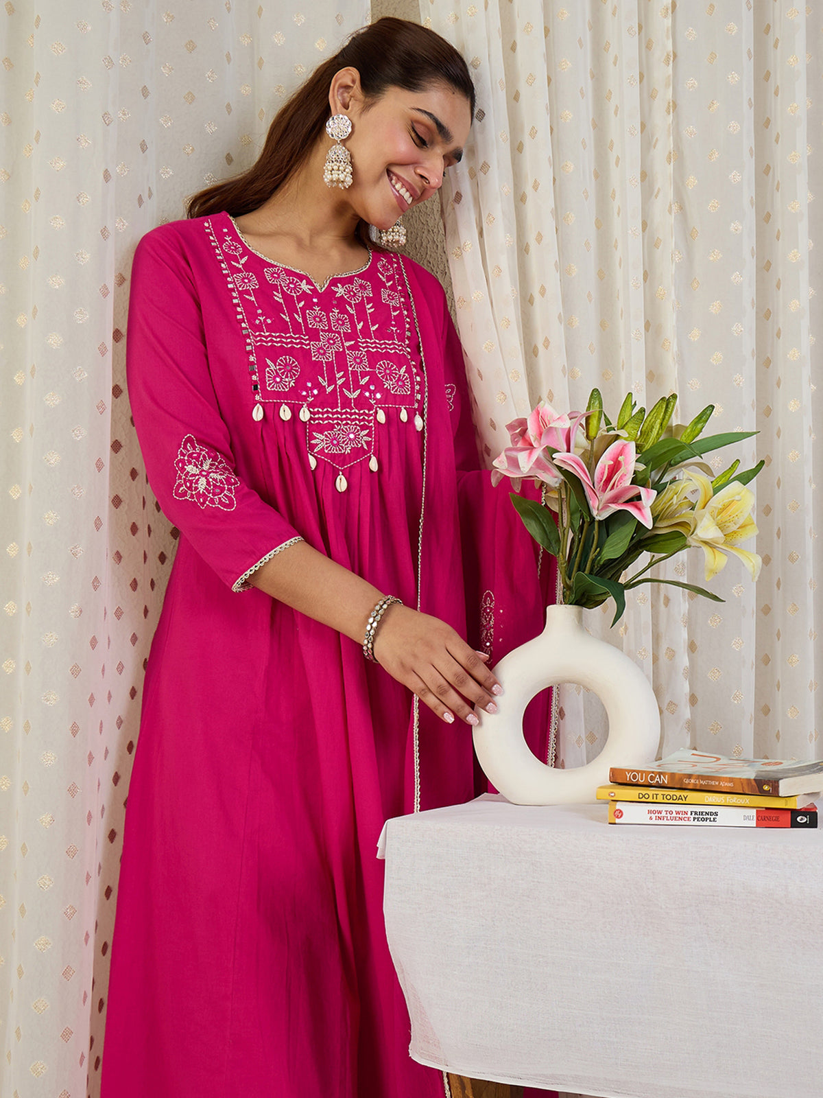 Pink Embroidered A-Line Kurta Palazzos With Dupatta Set