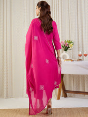 Pink Embroidered A-Line Kurta Palazzos With Dupatta Set