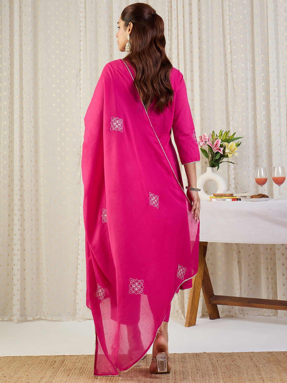 Pink Embroidered A-Line Kurta Palazzos With Dupatta Set