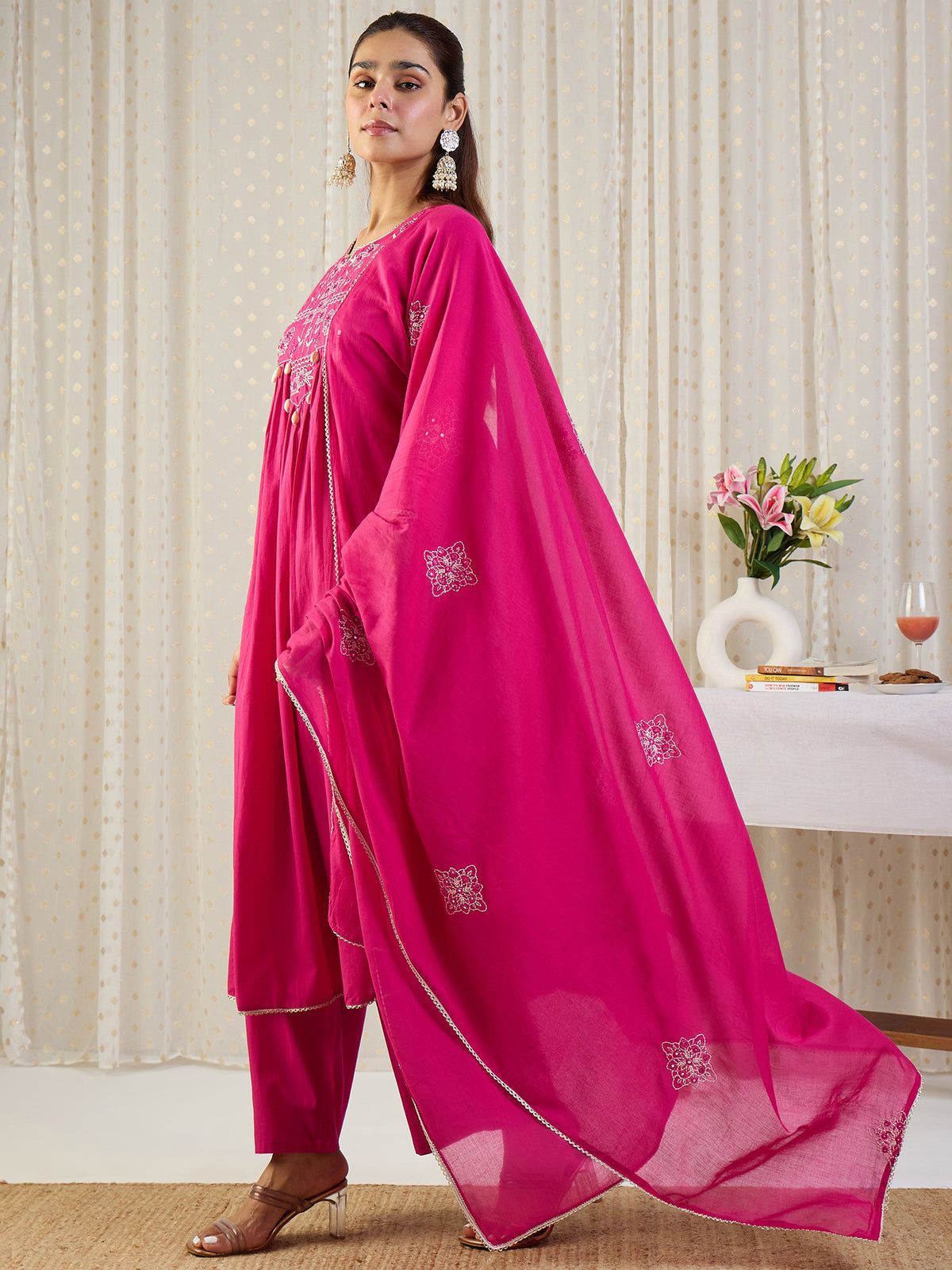 Pink Embroidered A-Line Kurta Palazzos With Dupatta Set