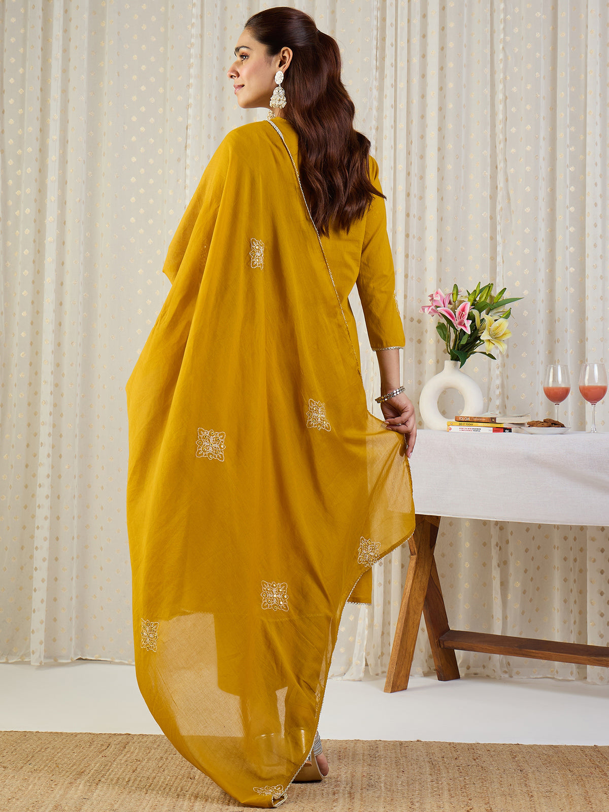 Yellow Embroidered A-Line Kurta Palazzos With Dupatta Set
