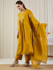 Yellow Embroidered A-Line Kurta Palazzos With Dupatta Set