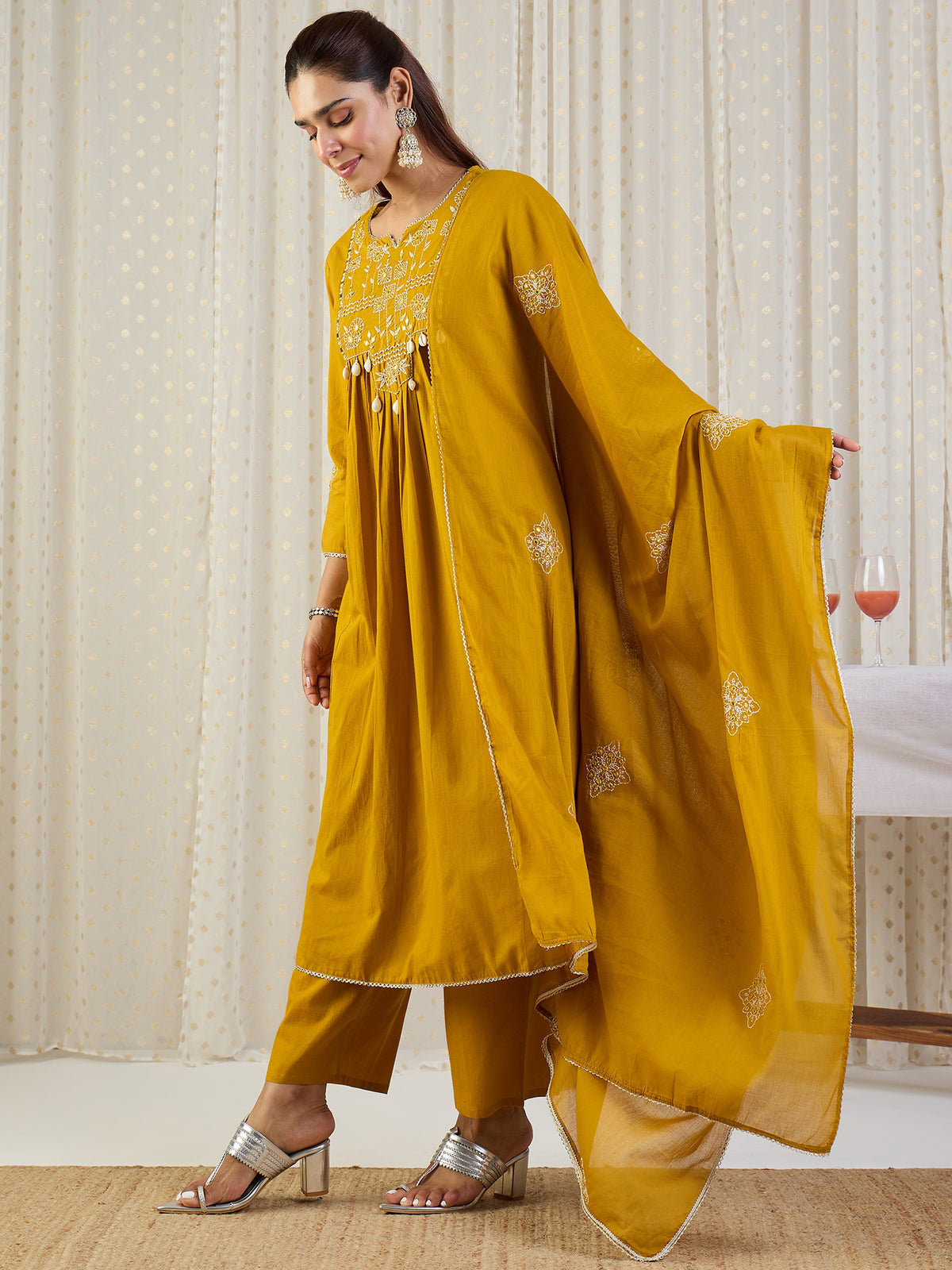 Yellow Embroidered A-Line Kurta Palazzos With Dupatta Set
