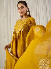 Yellow Embroidered A-Line Kurta Palazzos With Dupatta Set