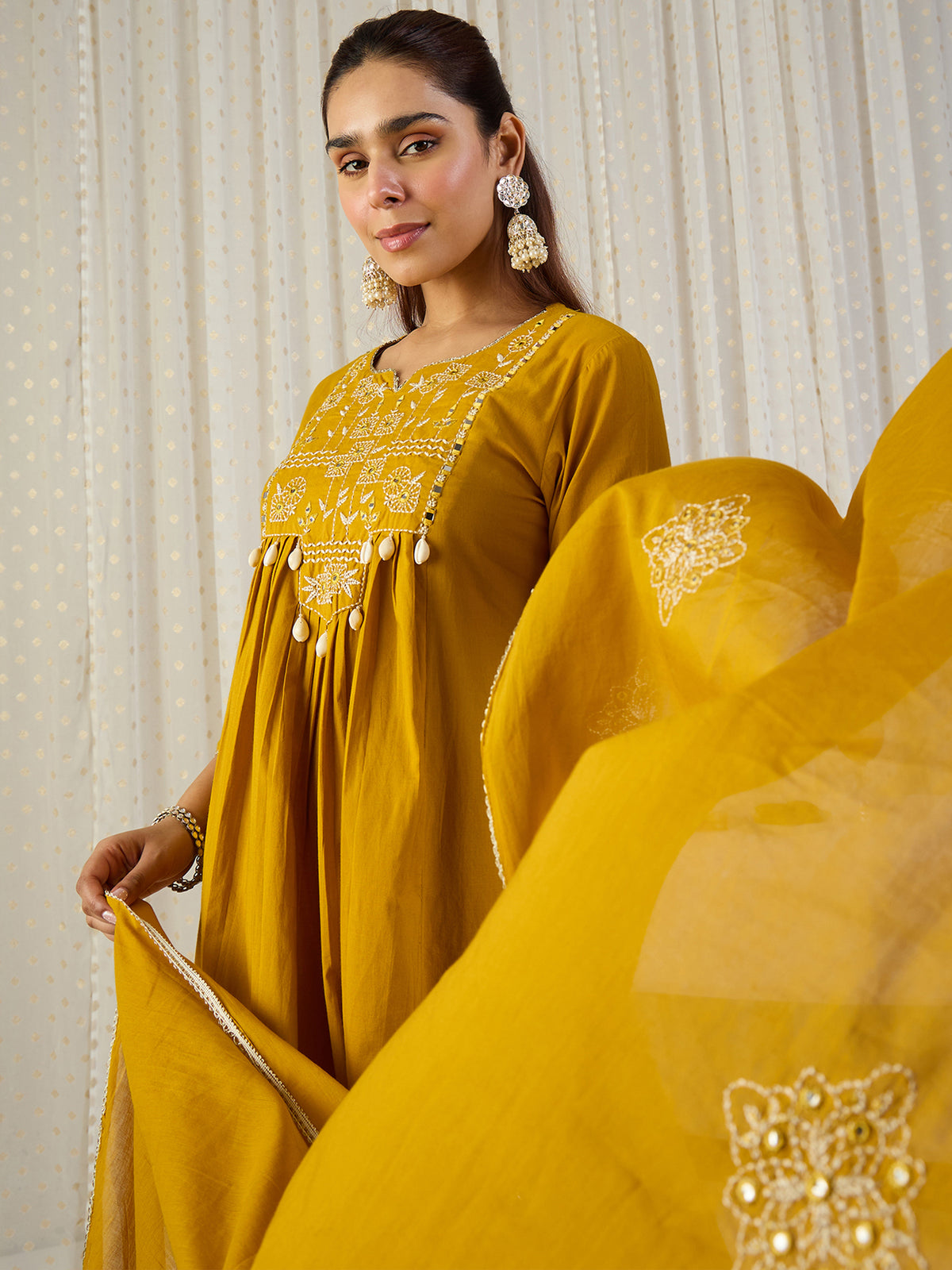 Yellow Embroidered A-Line Kurta Palazzos With Dupatta Set
