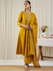 Yellow Embroidered A-Line Kurta Palazzos With Dupatta Set