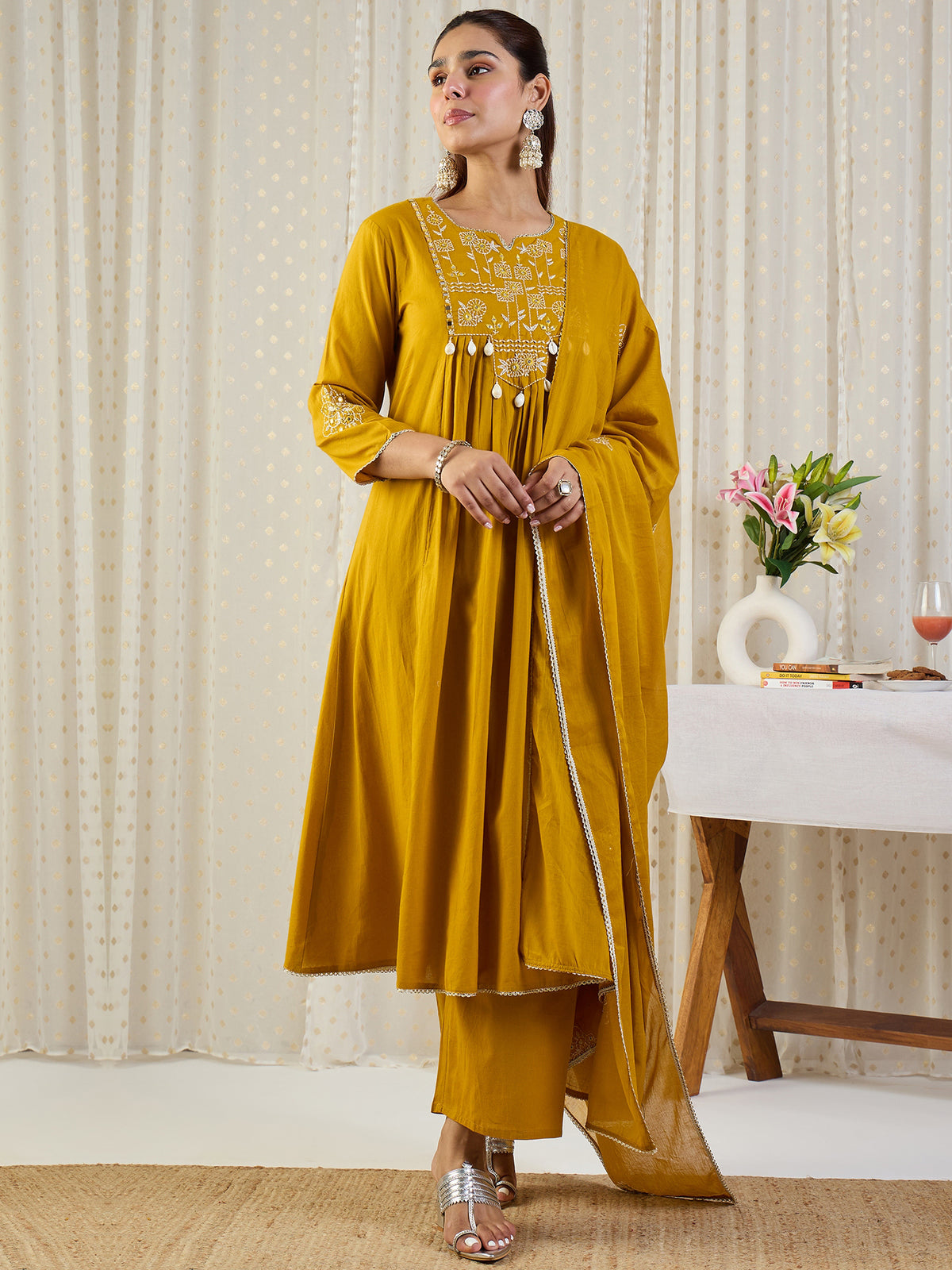 Yellow Embroidered A-Line Kurta Palazzos With Dupatta Set