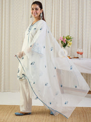 Off White Embroidered Straight Kurta Trousers With Dupatta Set