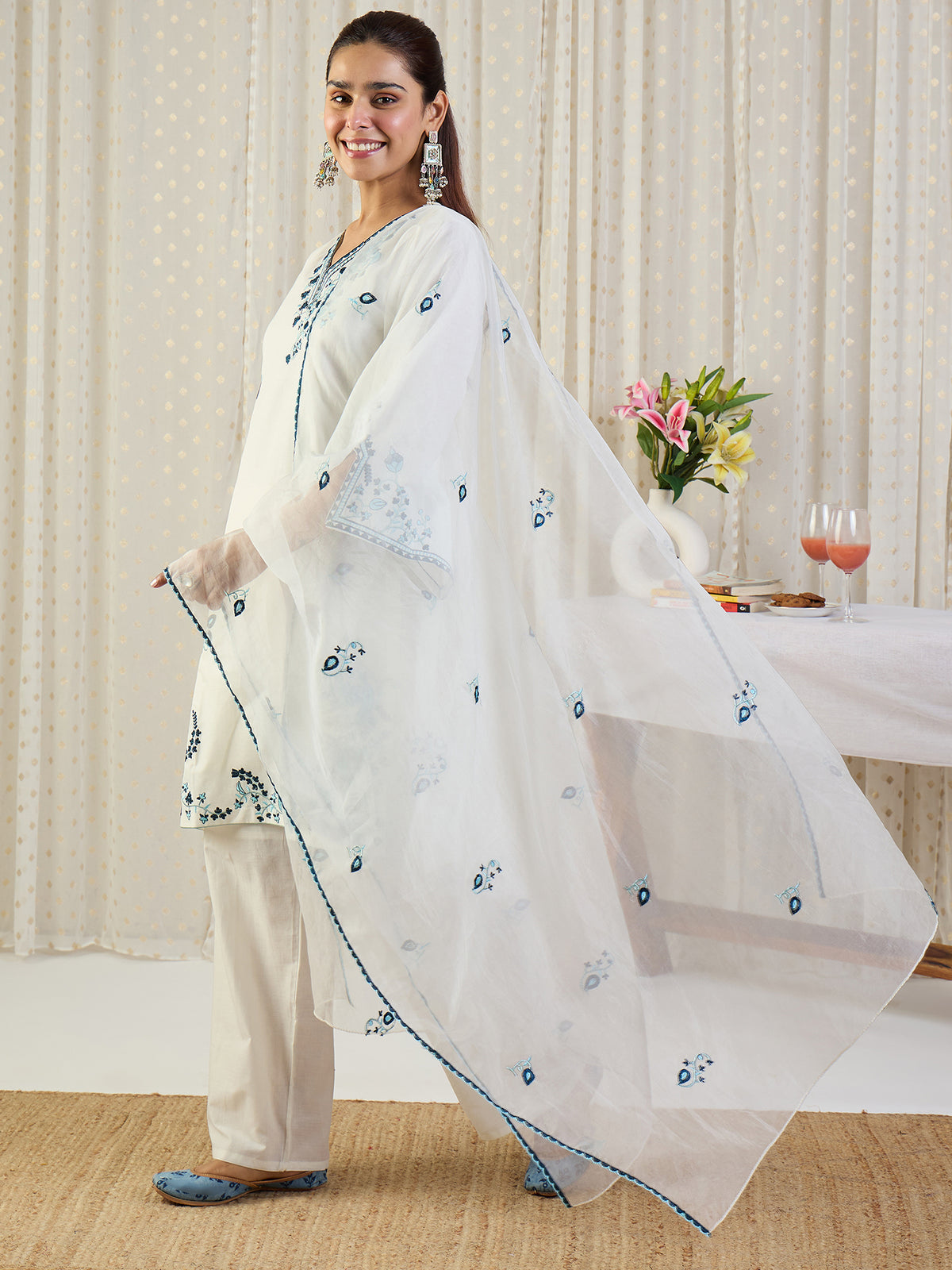 Off White Embroidered Straight Kurta Trousers With Dupatta Set