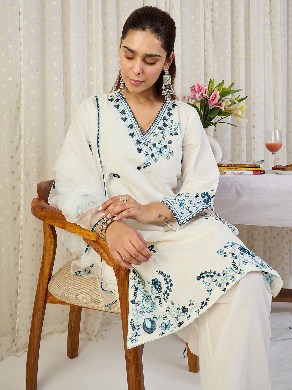Off White Embroidered Straight Kurta Trousers With Dupatta Set