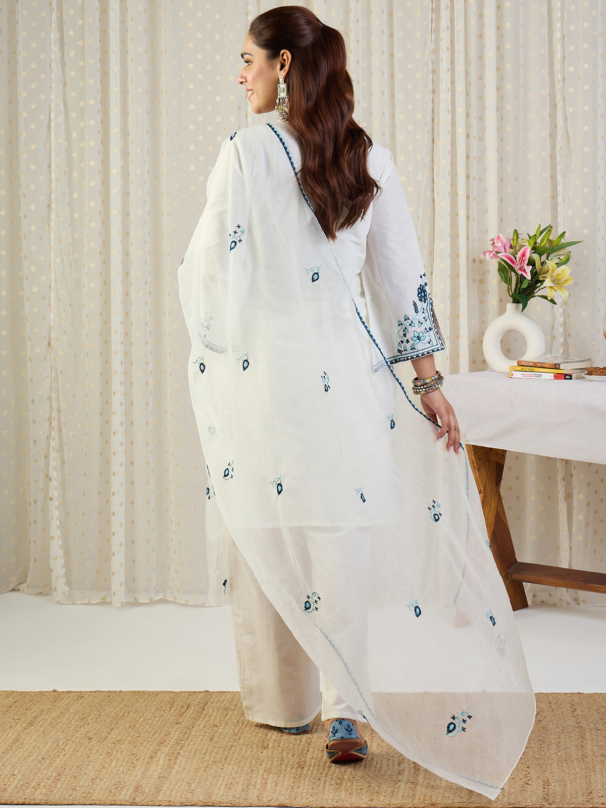 Off White Embroidered Straight Kurta Trousers With Dupatta Set