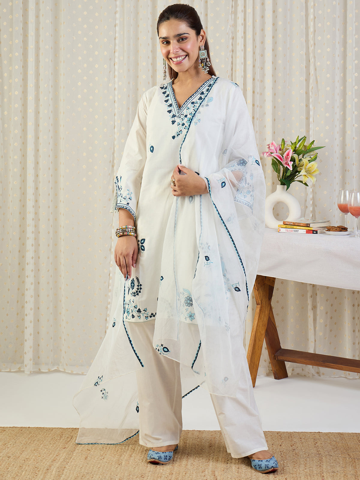 Off White Embroidered Straight Kurta Trousers With Dupatta Set