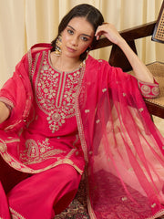 Pink Embroidered Straight Kurta Palazzos With Dupatta Set