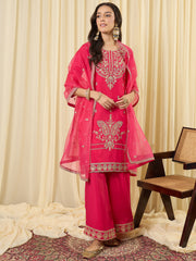Pink Embroidered Straight Kurta Palazzos With Dupatta Set
