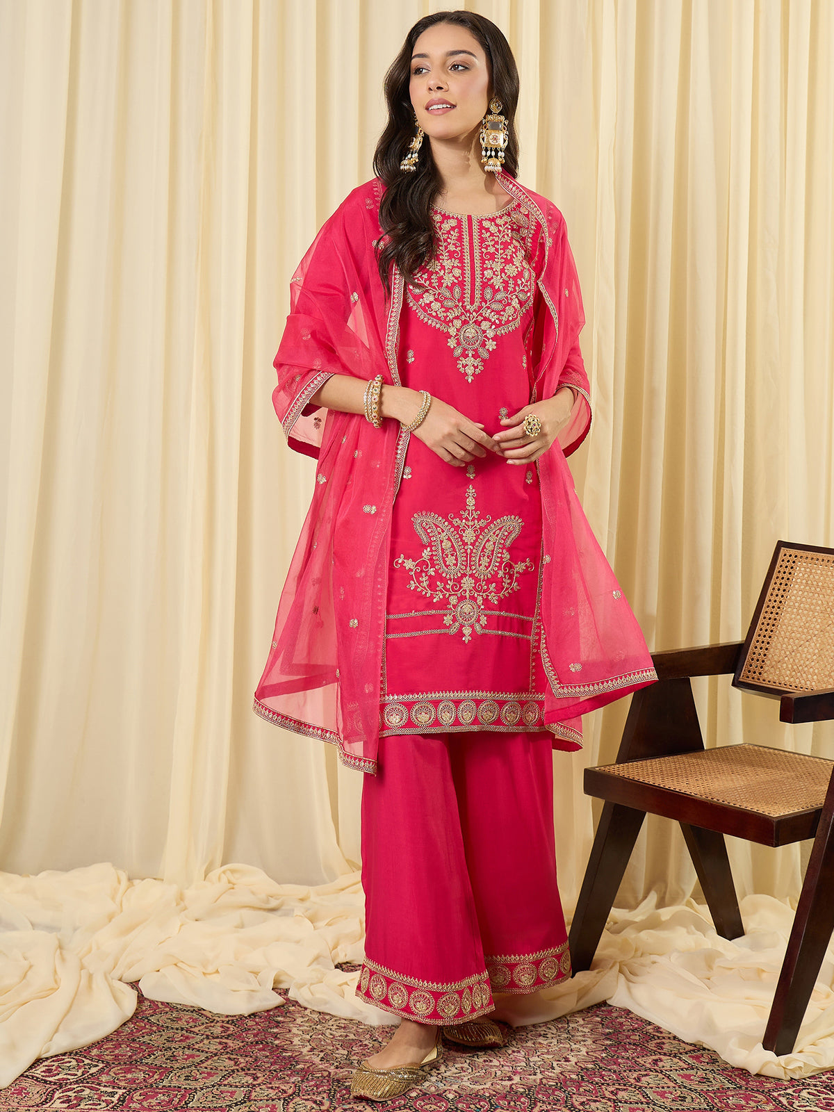 Pink Embroidered Straight Kurta Palazzos With Dupatta Set