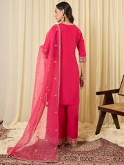 Pink Embroidered Straight Kurta Palazzos With Dupatta Set