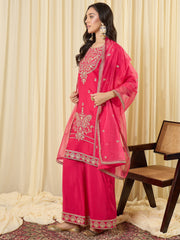 Pink Embroidered Straight Kurta Palazzos With Dupatta Set