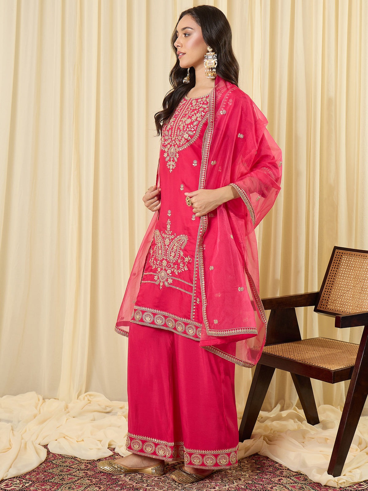 Pink Embroidered Straight Kurta Palazzos With Dupatta Set