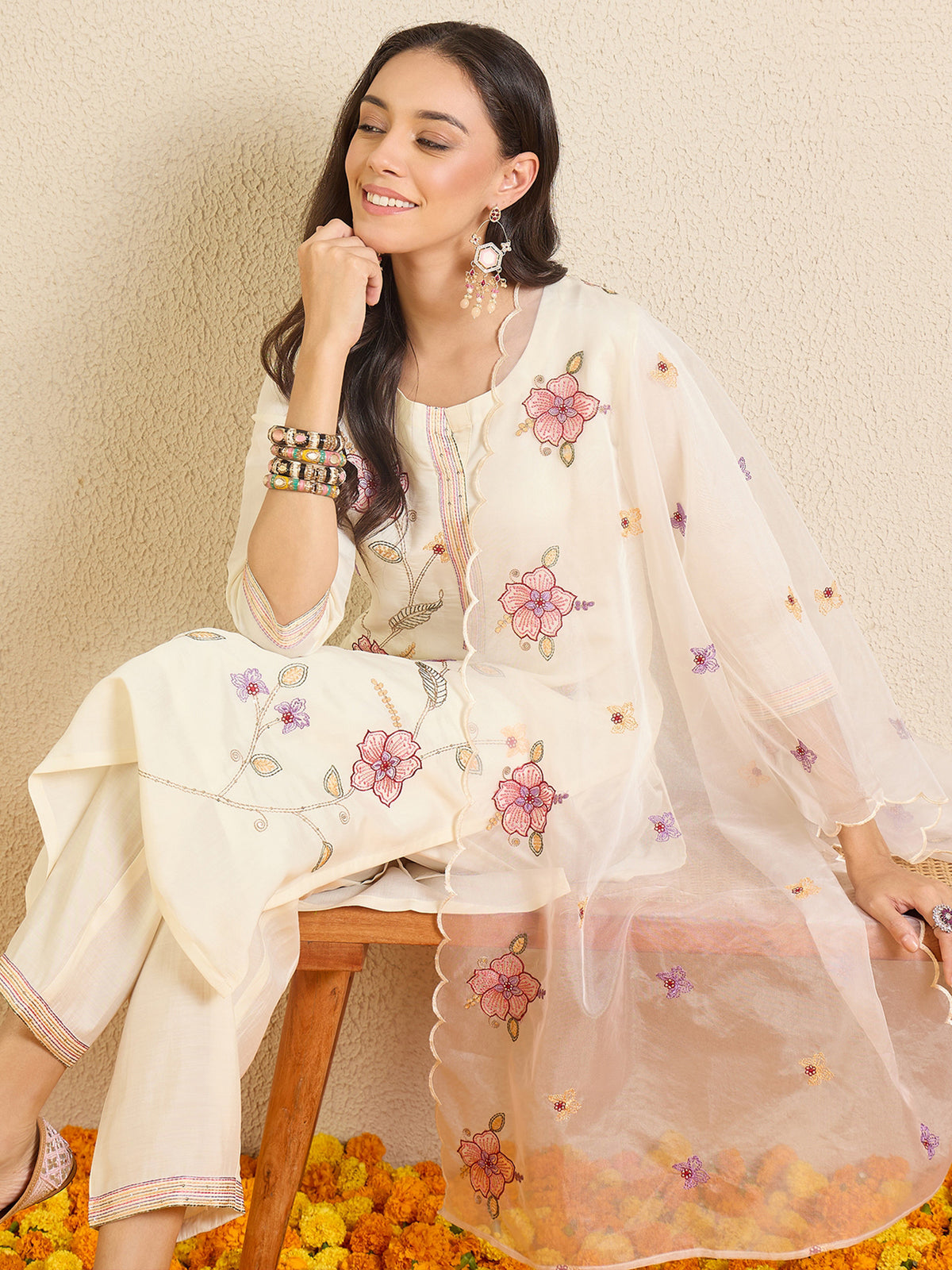 Off White Embroidered Straight Kurta Trousers With Dupatta Set