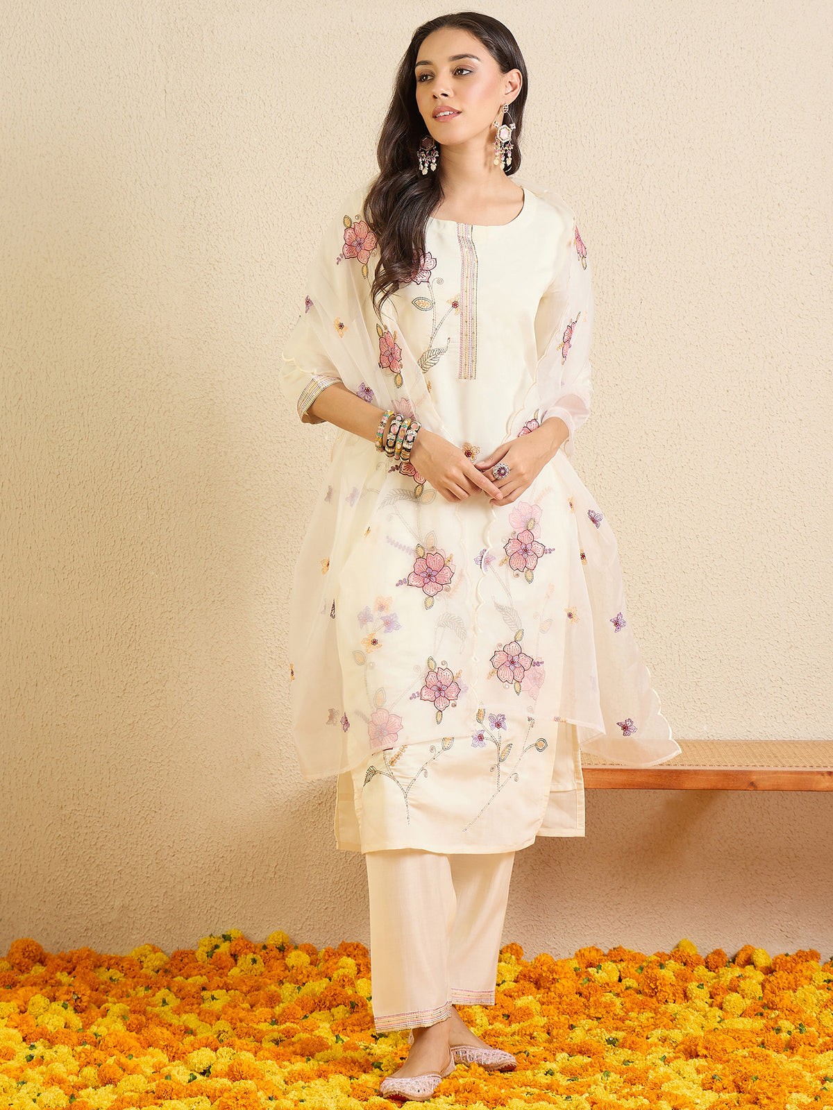 Off White Embroidered Straight Kurta Trousers With Dupatta Set