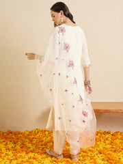 Off White Embroidered Straight Kurta Trousers With Dupatta Set
