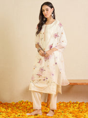 Off White Embroidered Straight Kurta Trousers With Dupatta Set