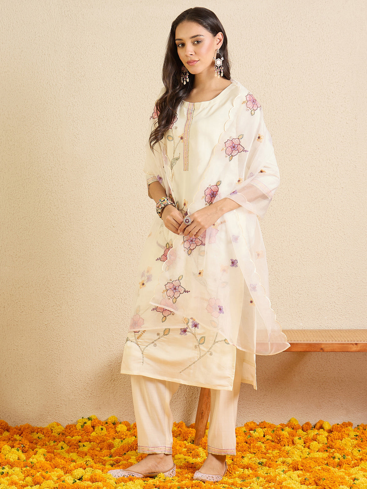 Off White Embroidered Straight Kurta Trousers With Dupatta Set