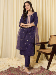 Purple Embroidered Straight Kurta Trousers With Dupatta Set