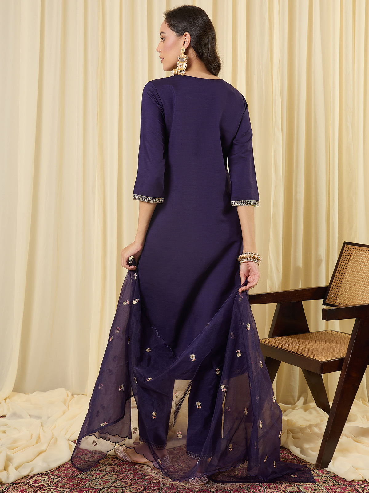 Purple Embroidered Straight Kurta Trousers With Dupatta Set
