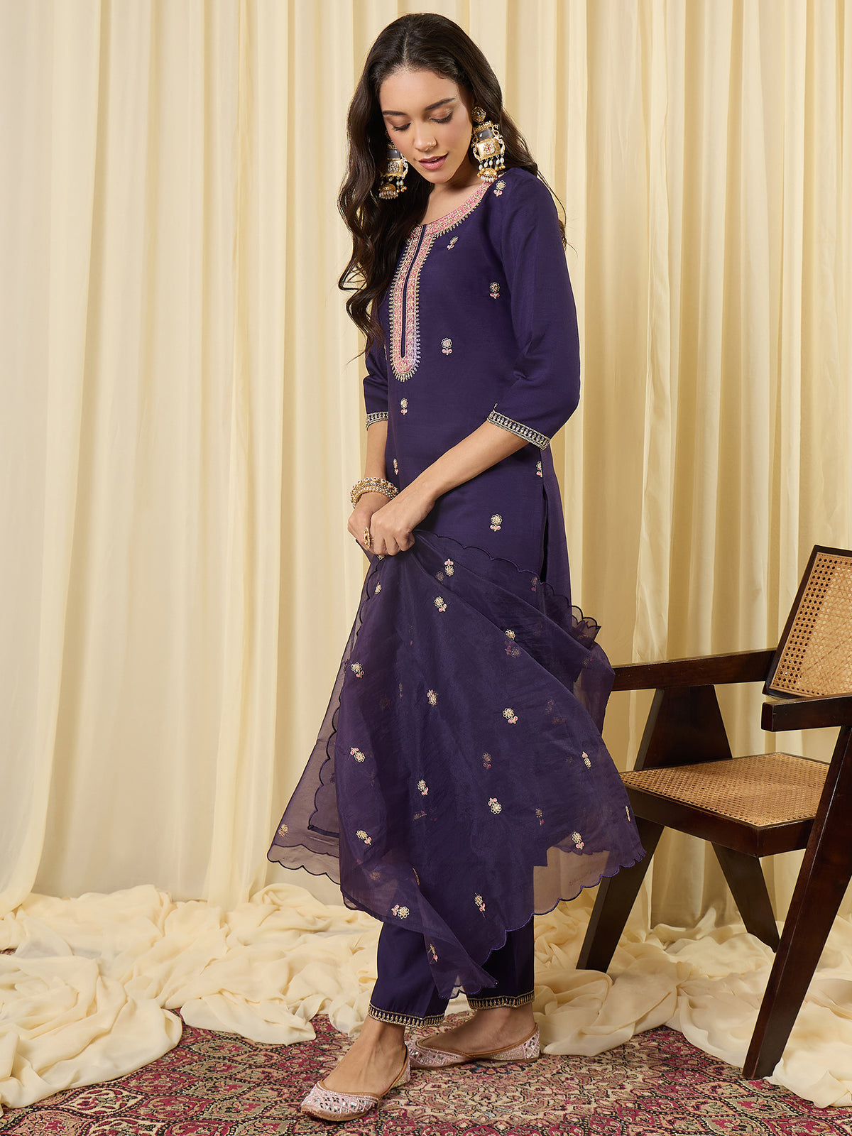 Purple Embroidered Straight Kurta Trousers With Dupatta Set