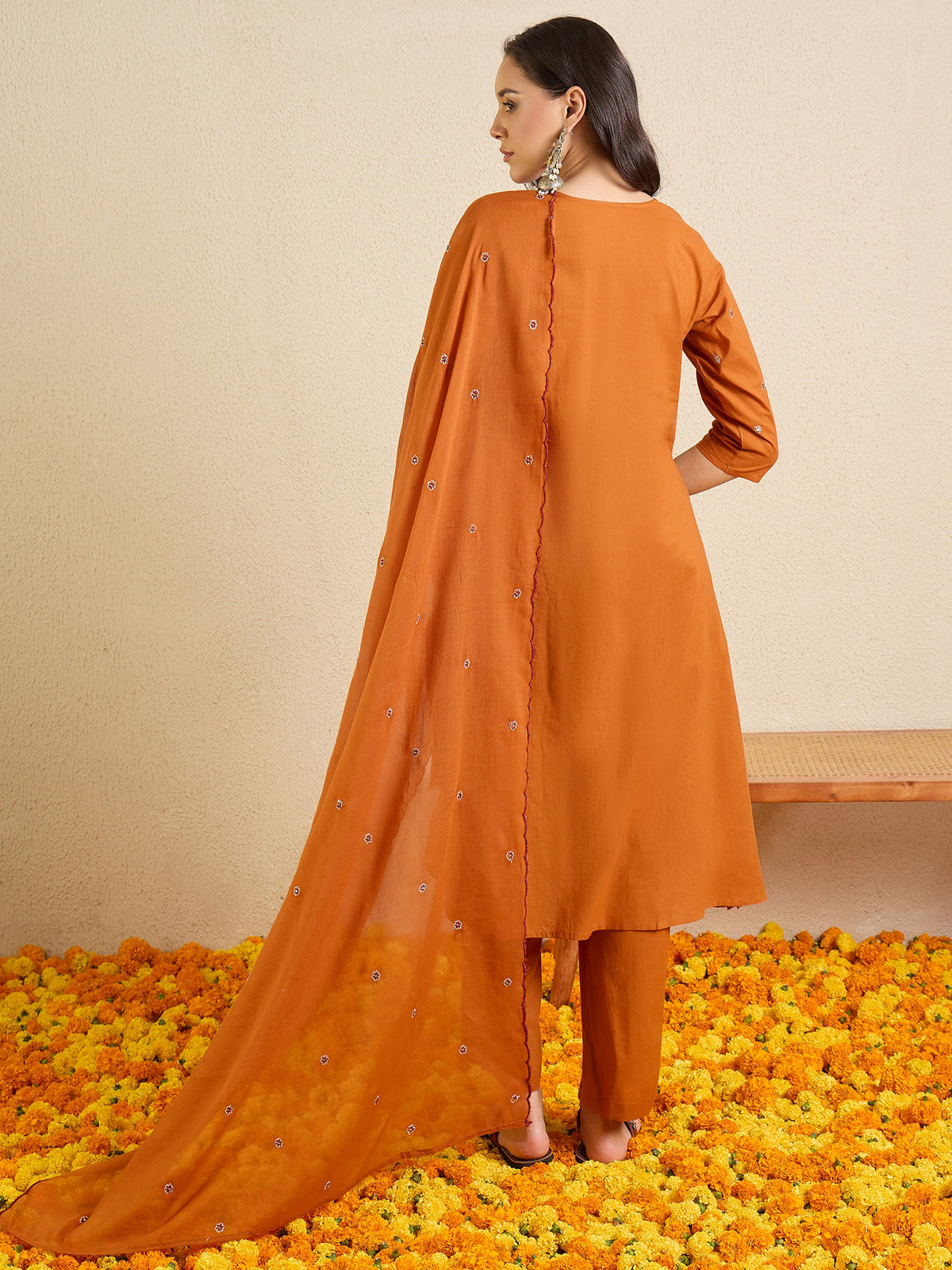 Rust Embroidered Straight Kurta Palazzos With Dupatta Set