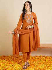 Rust Embroidered Straight Kurta Palazzos With Dupatta Set