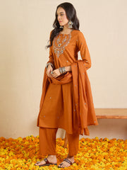 Rust Embroidered Straight Kurta Palazzos With Dupatta Set