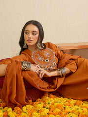 Rust Embroidered Straight Kurta Palazzos With Dupatta Set