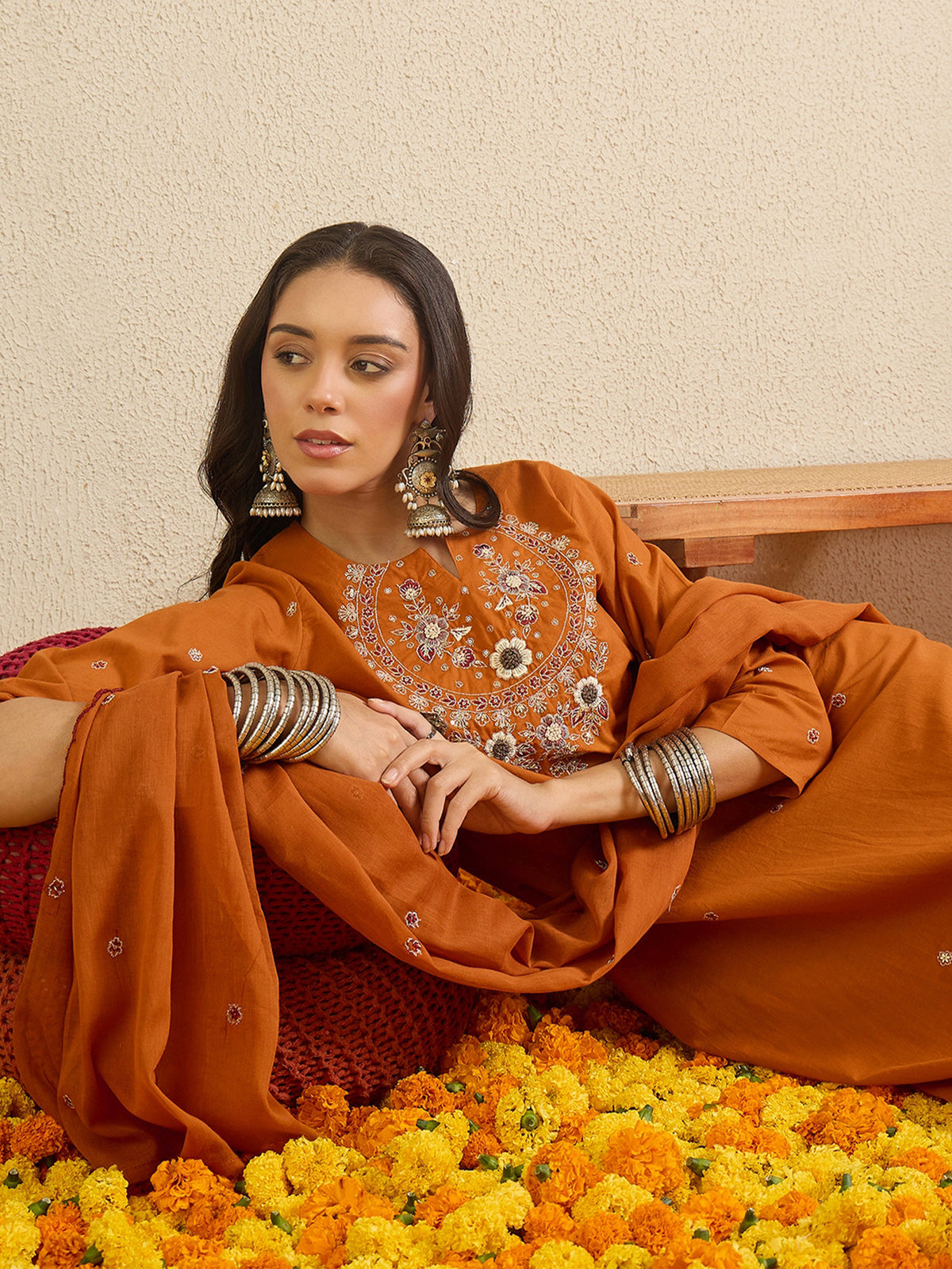 Rust Embroidered Straight Kurta Palazzos With Dupatta Set